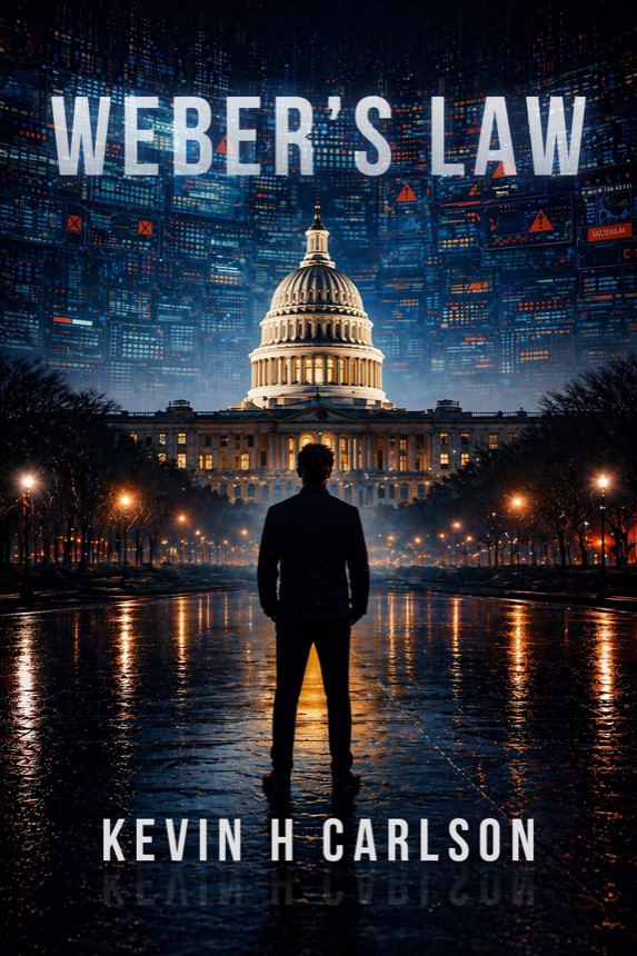 Weber's Law book cover — a lone figure facing the U.S. Capitol beneath a wall of glowing data